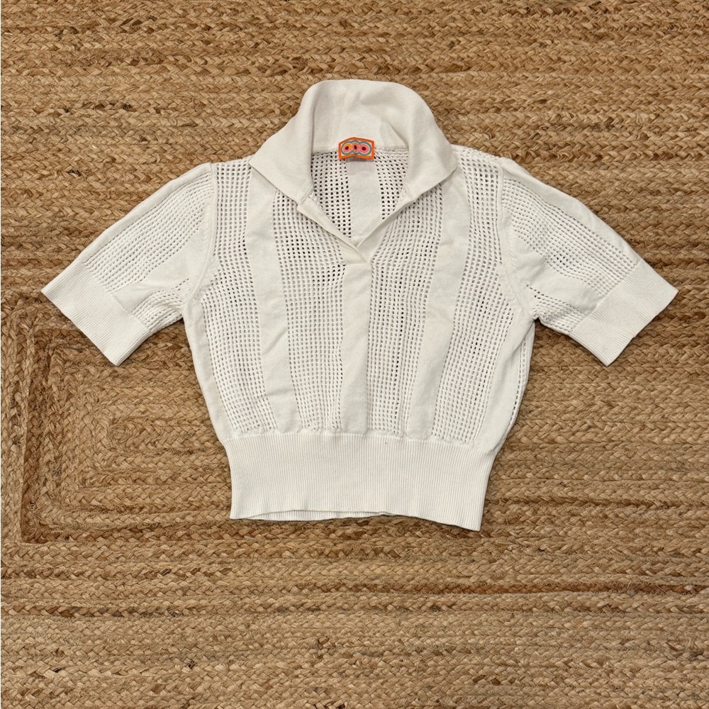 OOO White Knit Polo Top | Open Knit Crochet | Cropped Short Sleeve Sweater
